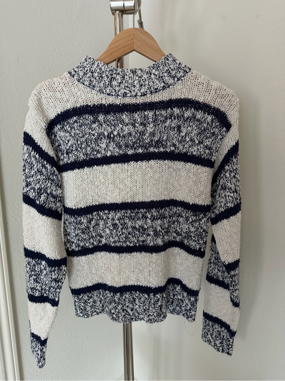 Striped Navy and Cream Knit Turtleneck Sweater